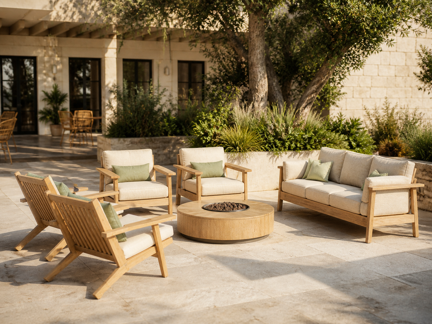 Light teak lounge collection in a landscaped terrace setting