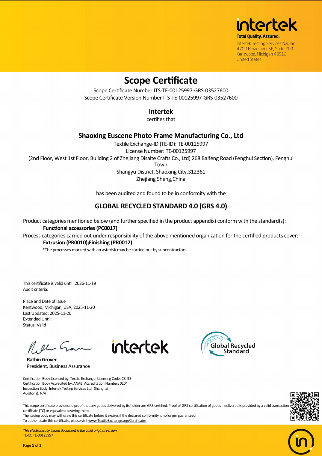 GRS 4.0 scope certificate cover issued by Intertek
