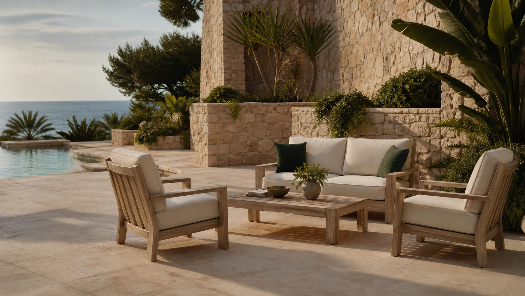 Light teak outdoor lounge collection on a resort terrace